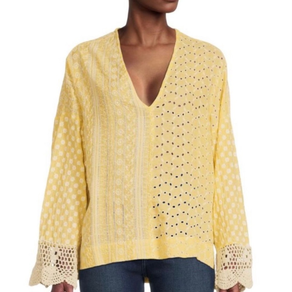 (A56) AREA STARS‎ Luna Eyelet Embroidered Top, Color: Lemon, Size Large, NWT